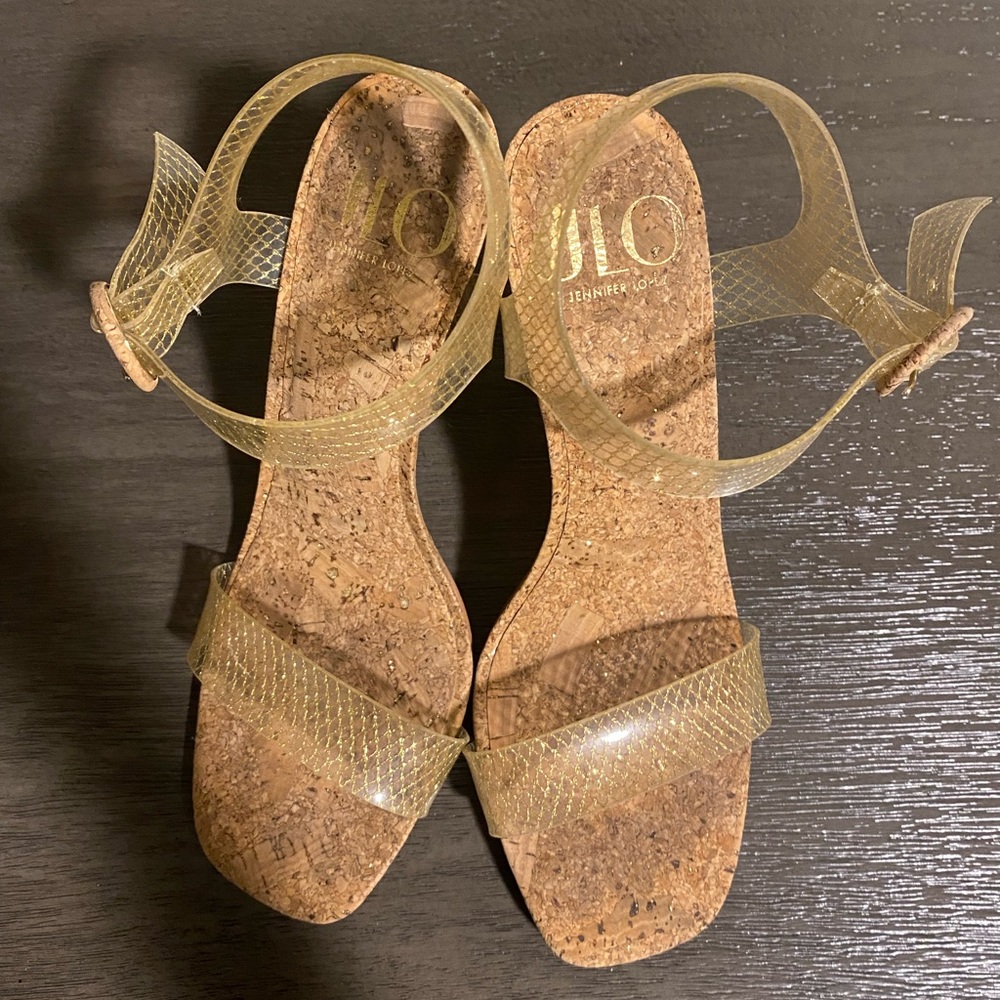 Jlo Cork Heel/ Clear Strap Worn One Time Comes W/Box Gem